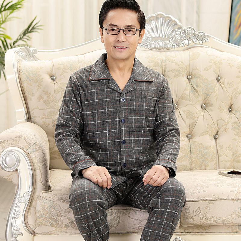 Pijamas de mediana edad y ancianos para hombres de primavera y verano 100% algodón de manga larga más tamaño cardigan Delgado traje de homewear
