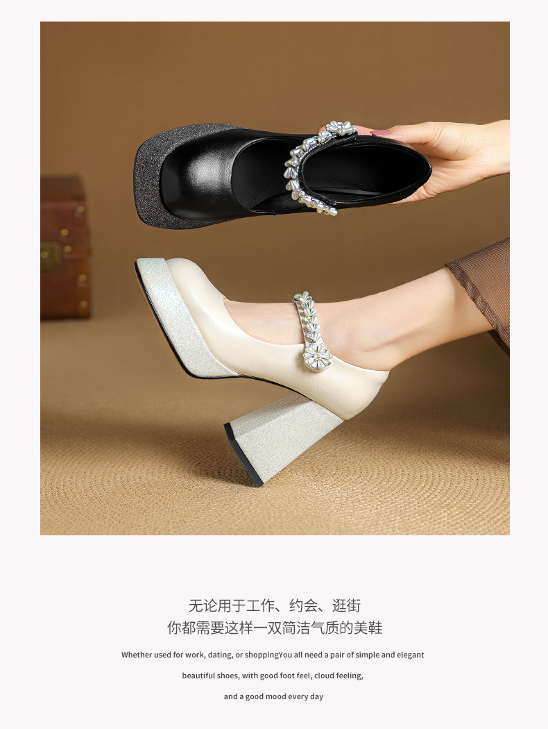 Giày Mary Jane cao gót nữ mũi vuông đính đá quai ngang đế dày platform gót thô 9 cm — Màu đen, Màu trắng be chi tiết 5