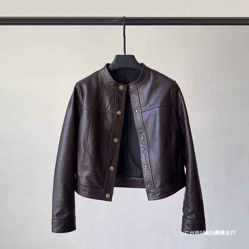 Haining Short Leather Jacket 2025 Autumn New Style Loose Casual Fashion Round Neck Leather Jacket Biker Coat for Petite Individuals