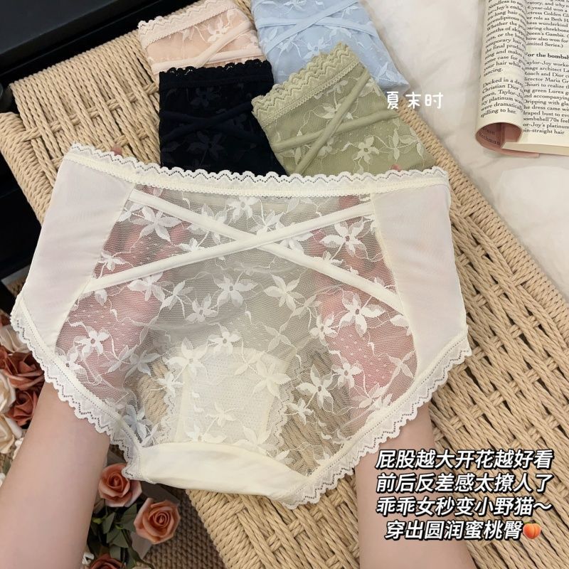 Pure Desire High-End Sexy Style Briefs Women's French Lace Satin Plaid Breathable Antibacterial Hip-Covering Girls' Underwear