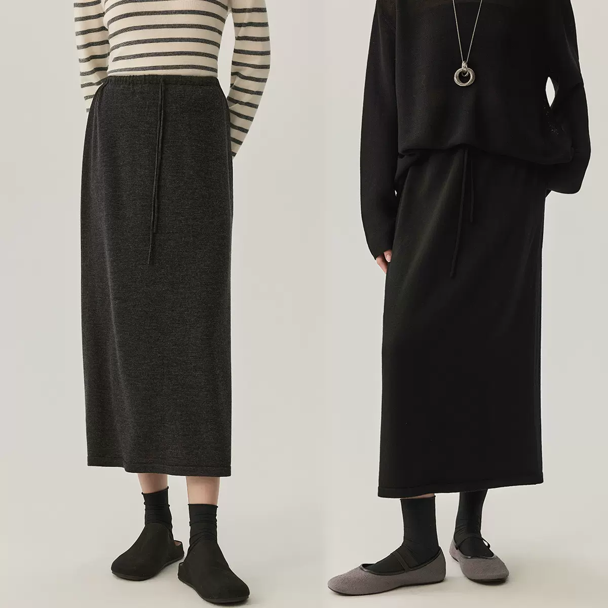 严选绵羊毛高腰垂感直筒裙气质通勤优雅风半身裙纯色扬子纱弹力裙