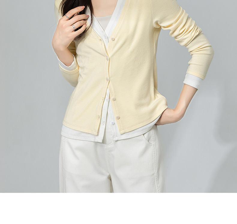 Áo cardigan cotton dệt kim cổ chữ V giả hai mảnh ngắn sành điệu — Màu vàng ngỗng chi tiết 2