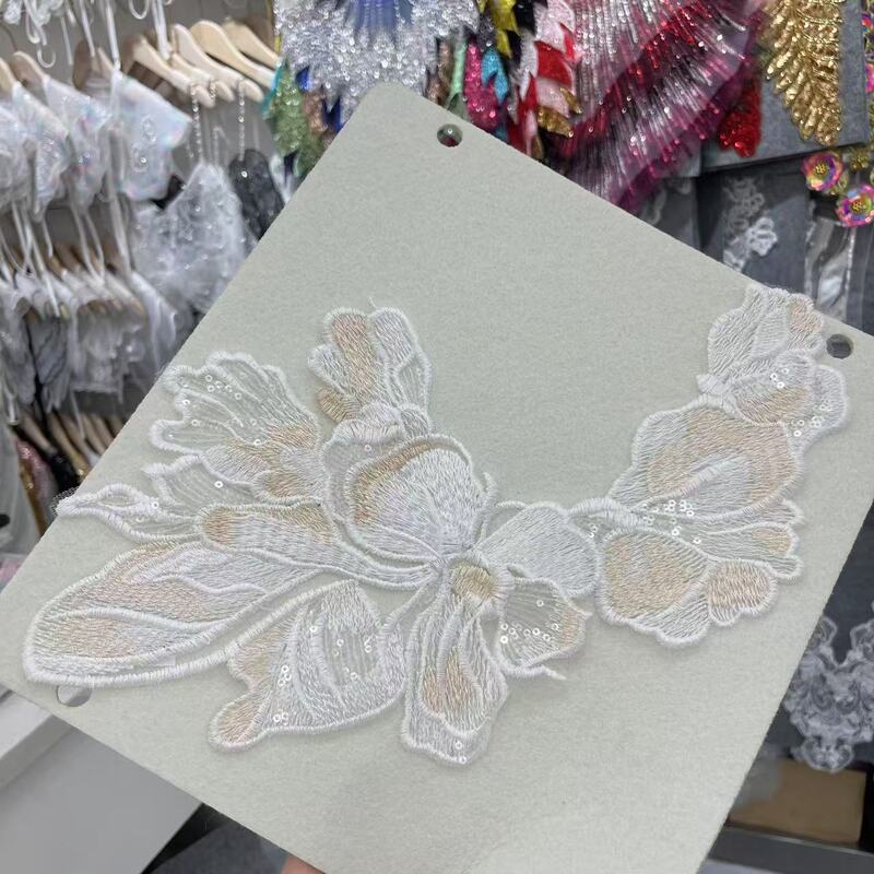 Mesh Sequin Embroidered Collar Patch, White Floral Embroidered Patch, Wedding Dress Neckline Decoration Accessories