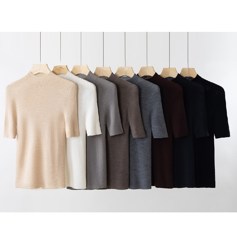 Shima Seiki 18-Gauge Mid-Sleeve Knitwear for Women, Spring and Autumn, 100% Imitation Wool, Seamless Half-High Collar Short-Sleeve Base Shirt