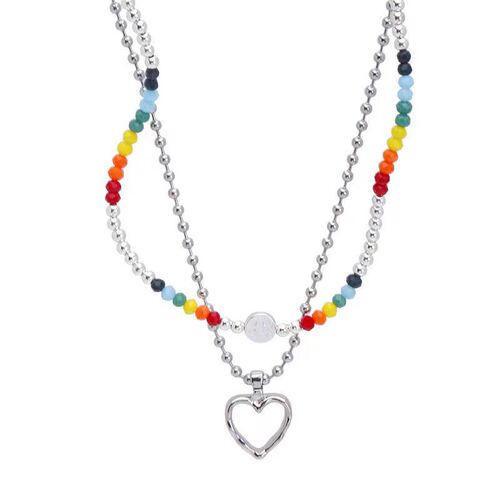 Ins style rainbow color crystal beaded smiley face love stacking set clavicle chain necklace female cute casual necklace