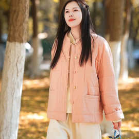 2025冬季新款复古立领盘扣苎麻丝加棉外套女文艺纯色款式保暖棉服
