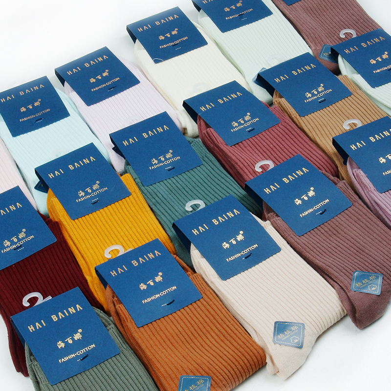 Haibina autumn and winter New Japanese and Korean style double needle women's socks thickened mid-calf classic all-match pure color socks women's high Haibina autumn and winter New Japanese and Korean style double needle women's socks thickened mid-calf classic all-match pure color socks women's high