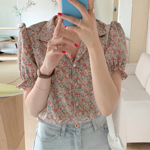 Summer Retro Collared Small Fresh Floral Blouse Bubblesleeve Loose Matchable Short Sleeve Shirt