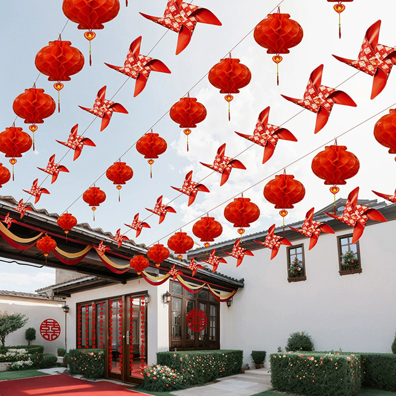 Decoración del patio de bodas al aire libre decoración del patio rural molino de viento colgante decoración de banderas coloridas guía de flores al aire libre patio