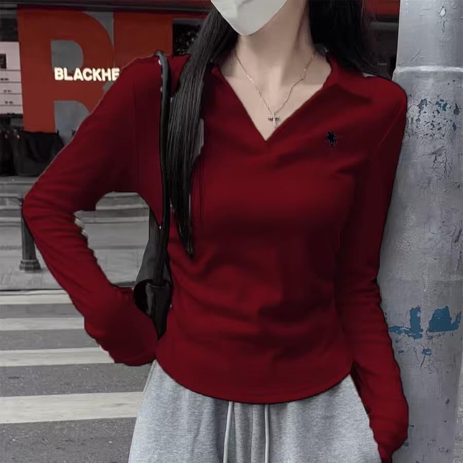 Women's Slim Fit Long Sleeve Polo Shirt Embroidered Knight Design Casual Versatile Top for Fall_ecoleips.com