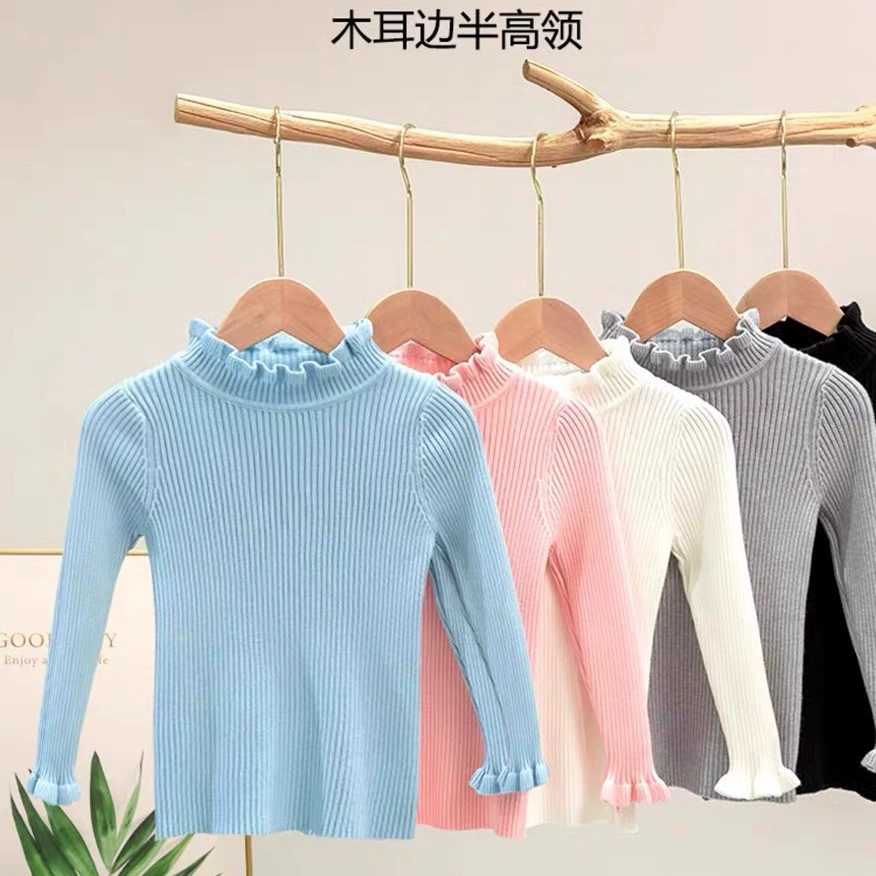 Низ рубашка для девочек весна-осень 2024 свитер вязаный детский в западном стиле грибок кружевной однотонный топ с длинным рукавом