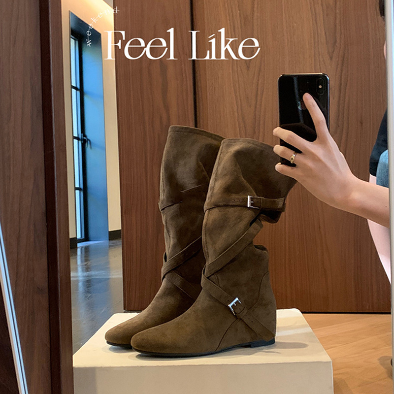 New Autumn and Winter Style Pointed Toe Boots with a 6cm Height Increase~ Korean Style Round Toe Buckle Strap Soft Pleated Slimming Mid-Calf Boots for Women