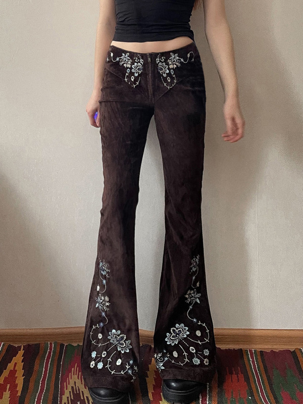 アメリカンストリートウエスタンカウボーイスタイル植物と花の刺繍ローウエストブーツカットパンツホットガールウォッシュ加工カジュアルパンツ|undefined