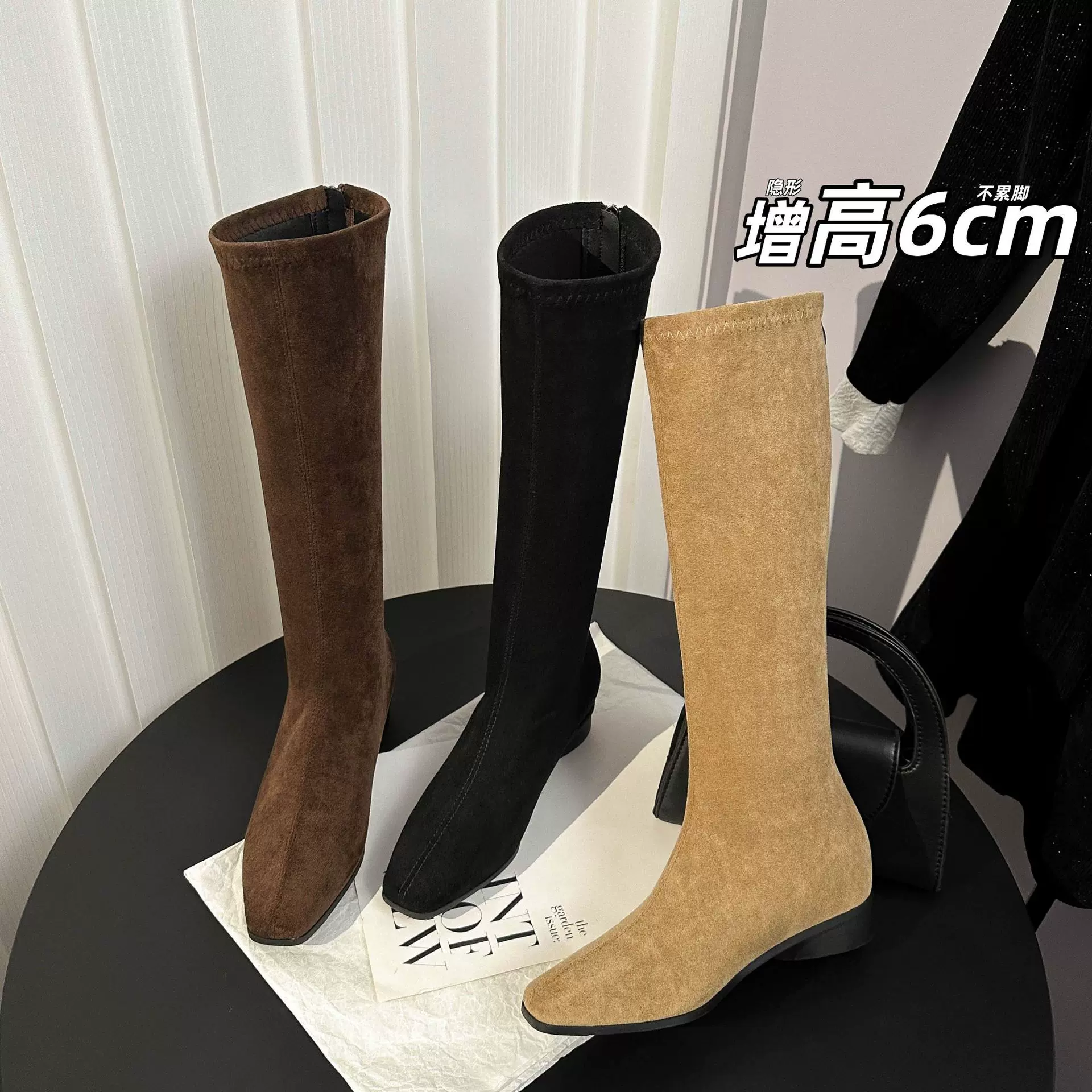 增高6公分方头绒面不过膝骑士靴女2025新款欧美风美拉德粗跟长靴