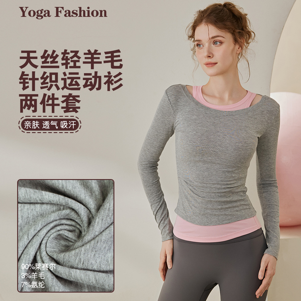 Yoga Clothes for Women 2026 New Style Knitted Wool Long-Sleeved T-Shirt Sports Outdoor Running Fitness Clothes Two-Piece Set Top
