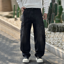 高街工装牛仔裤新款设计弯刀牛仔长裤子宽松潮牌阔腿美式复古牛仔