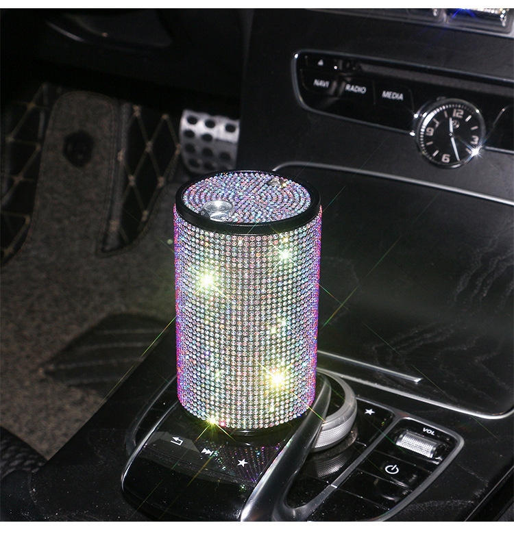 Car Ashtray with Diamonds, New Creative Metal Aluminum Alloy Flame-Retardant Ashtray with Lid, Multifunctional Car Cigarette Holder