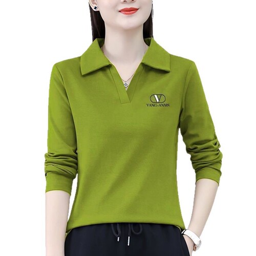 2025 autumn long-sleeved T-shirt for women, fashionable, age-reducing, loose, large size, middle-aged mother wear, lapel bottoming shirt, top clothes