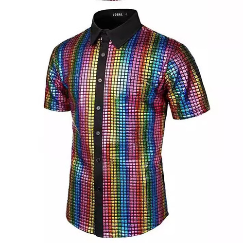  Men's Formal Shirt Glitter Button Shirt 1970s Disco Party Costume Xuan Zi