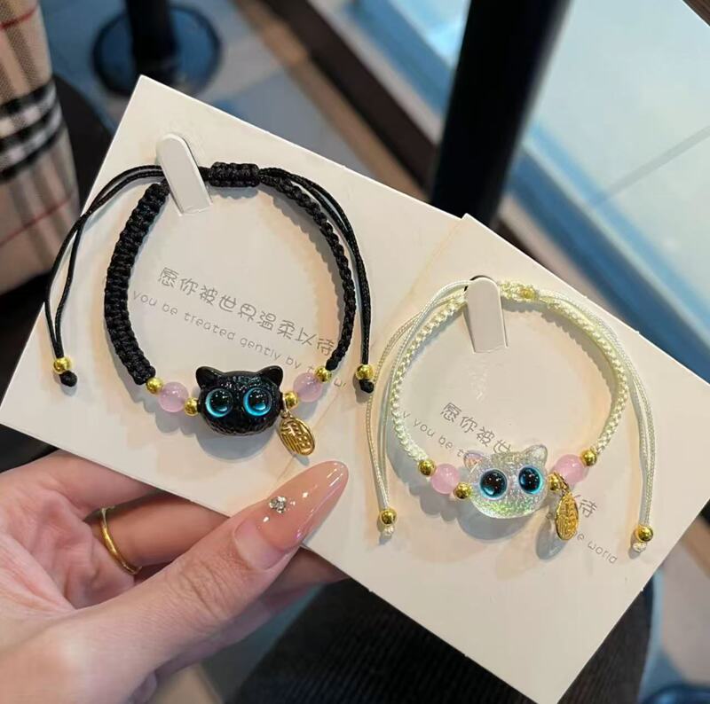 Non-metallic Glass Bracelet Handmade Woven Cat Head Couple Bracelet Ins Style Cute Black Cat Head for Girlfriend Hand Rope