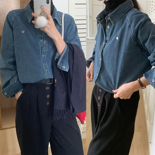 Korean style autumn and winter versatile casual loose single-breasted lapel thickened velvet lining washed denim long-sleeved shirt for women