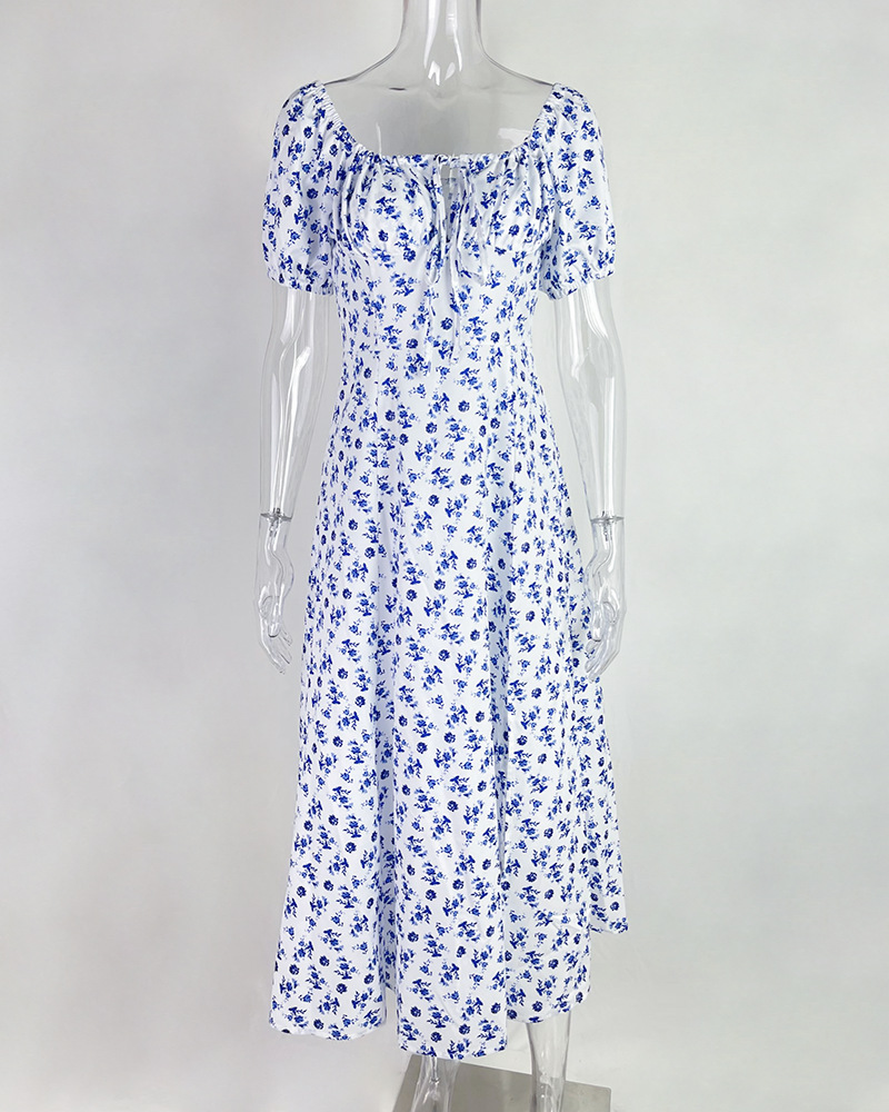 Blumenkleid Mit Puffärmeln Und Bindegürtel Für Damen Commuting_voghion.com