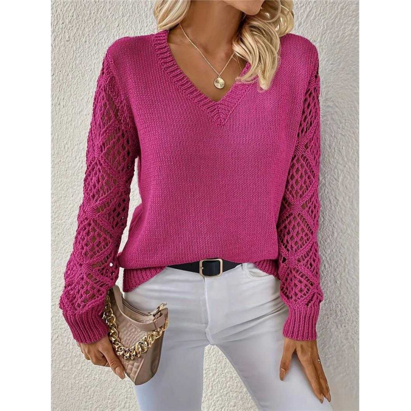 Primavera y otoño abrigo agujero jersey de punto suéter de mujer hookah de manga larga gancho flor Jacquard suelto V-collar bottom top transfronterizo