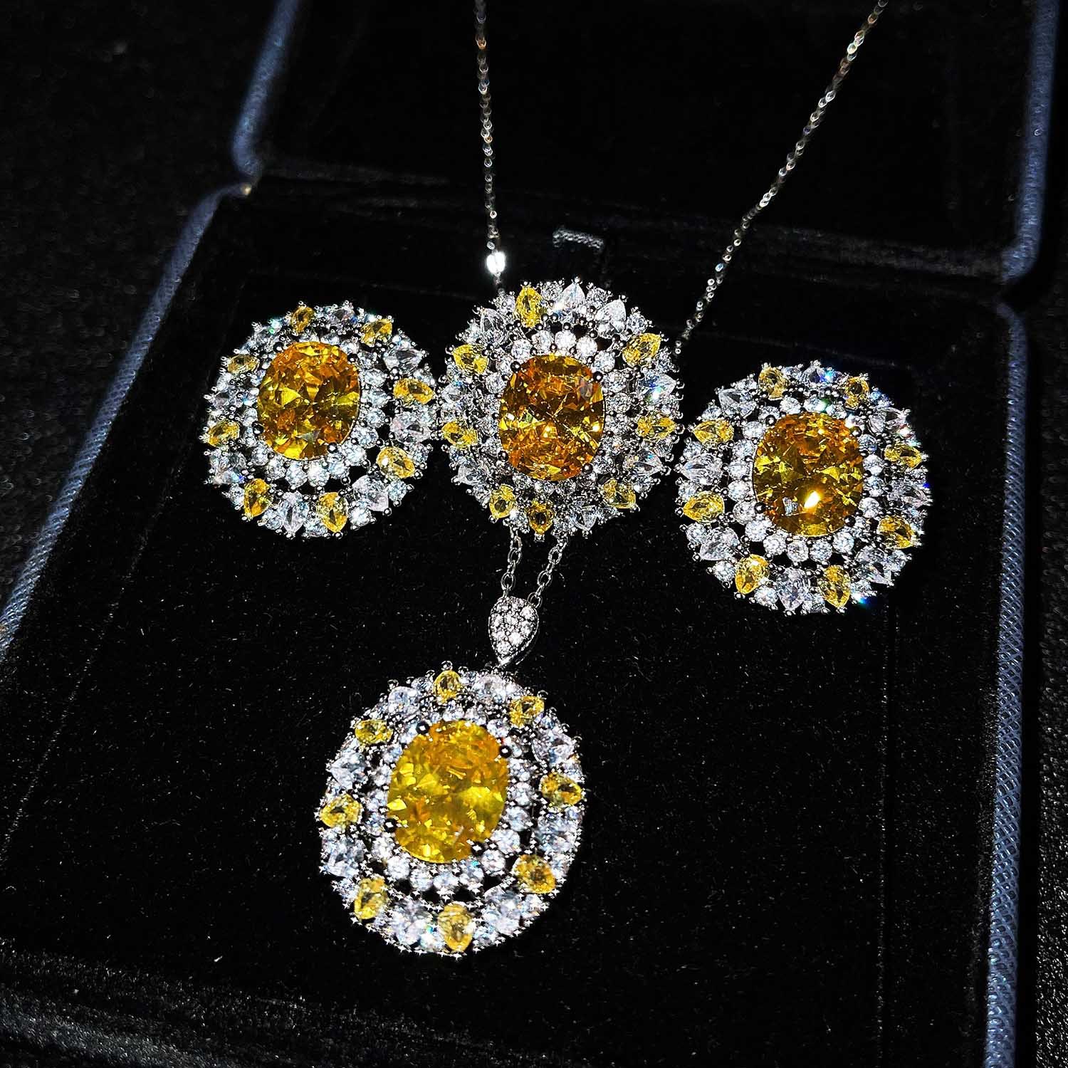 Haute Couture Jewelry Luxury Full Diamond Set Lucky Yellow Diamond Color Treasure Ring Earrings Necklace display picture 2