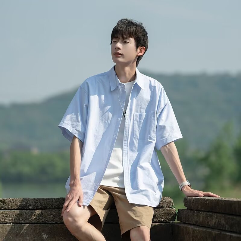 Japanese summer solid color retro shirt for students