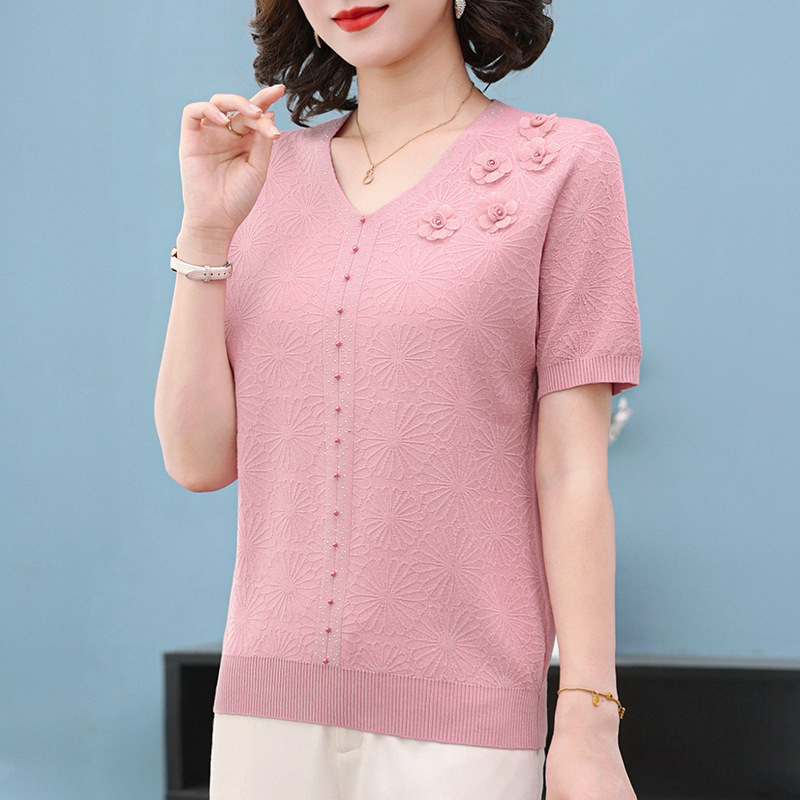 【厂家直供】V领天丝短袖T恤女夏季新款纯色提花冰丝针织衫上衣潮，女装T恤，妃慕昵服饰