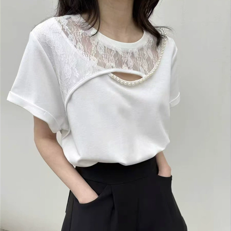 Женские топы, летняя новинка 2025 года, свободная футболка с коротким рукавом, асимметричный крой, кружевные вставки, бисер, готовый к отправке