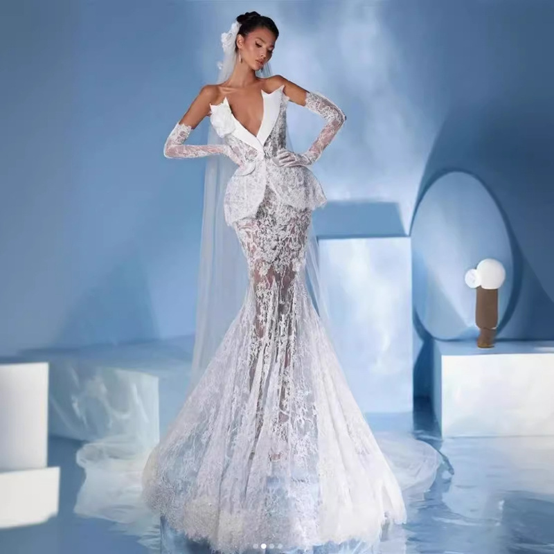 White Fashion Sexy Laps V Tube Top Lace Gloves Tight Long Floor-length dress Evening Dress