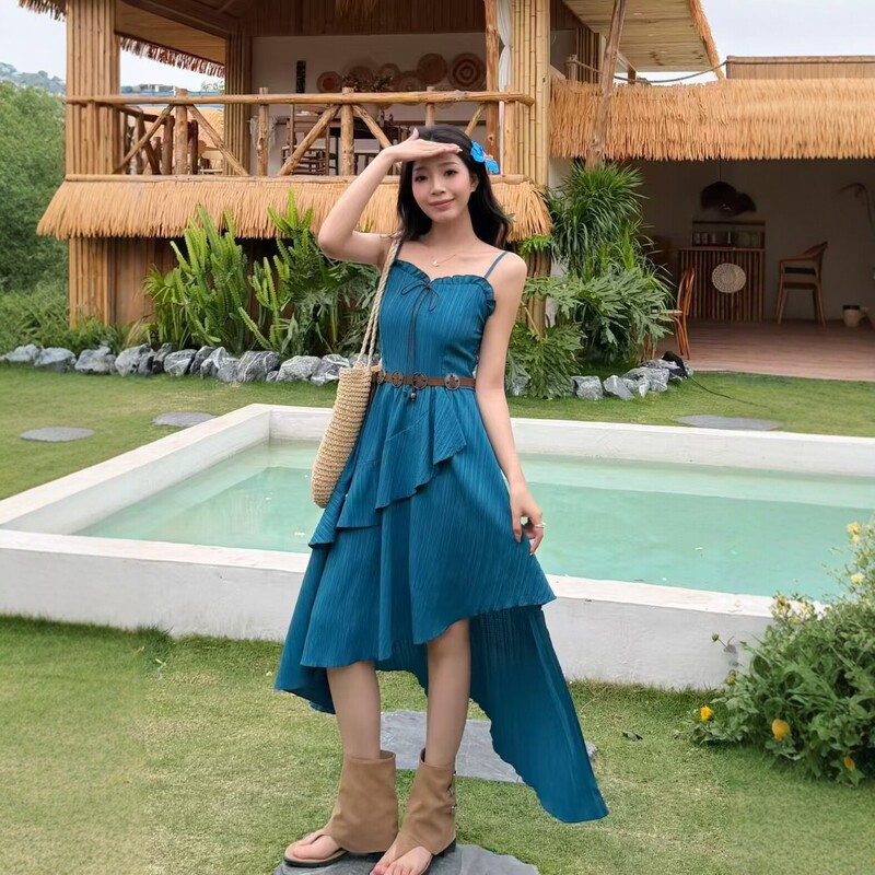 Bohemian Suspender Dress for Women, Holiday Style Long Dress, Irregular Seaside Style, Slimming Ethnic Style Long Dress