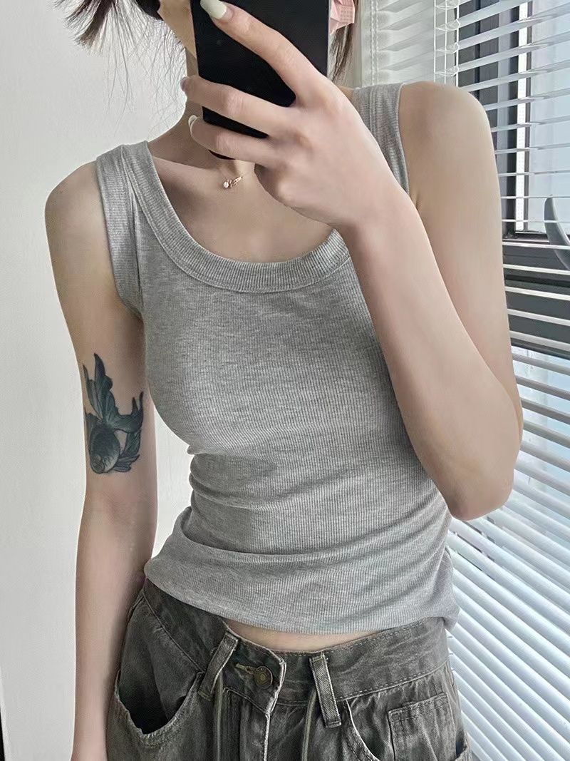 Hot Girl Sexy Pure Desire Style Camisole for Women Without Breast Pads, Gray Inner Wear and Outer Wear, Slim Fit Base Layer, Beautiful Back Top for Women
