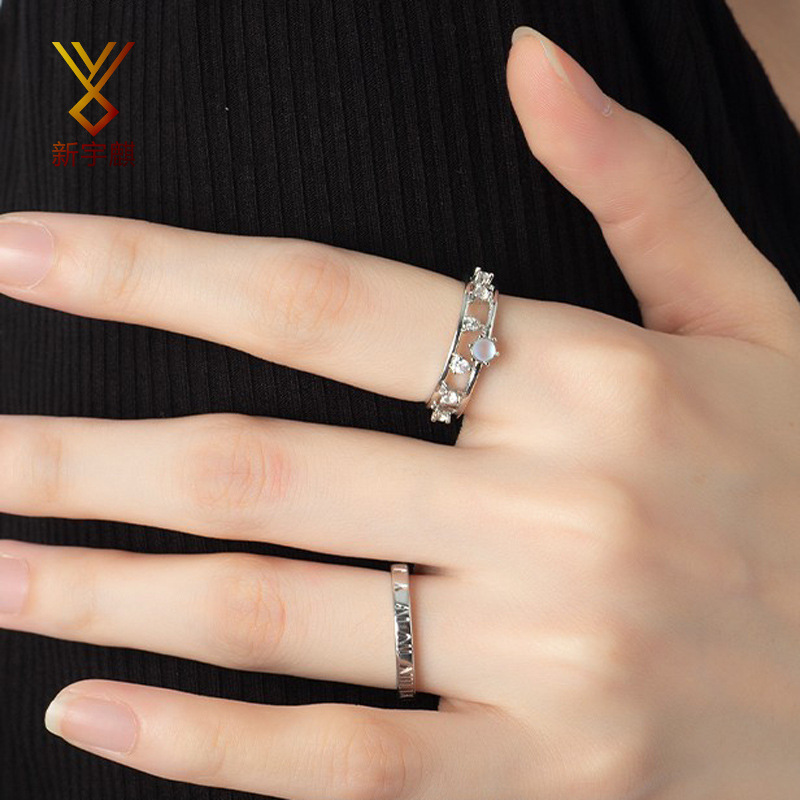 Runaway Princess Moonstone Crown Ring for Women, Ins Korean and Japanese Niche Design, Adjustable Open Ring with Cool Style