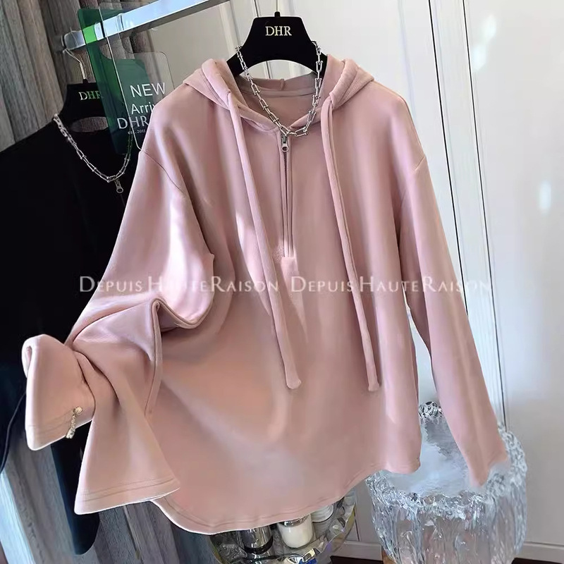 Extra large size chubby girl 150.00kg double-sided velvet hoodie women's autumn and winter thickened inner long base hoodie