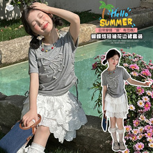 女童套装夏季2026新款儿童韩系两件套钉珠短袖蕾丝短裙女孩夏装潮