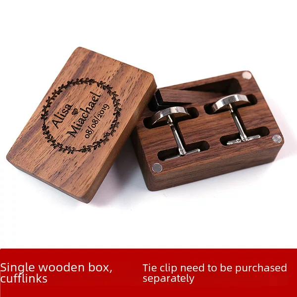 Walnut Cufflinks and Tie Clip Set with Hand-Engraved Business Gift Box, Men's Formal Wear Accessories, Wedding Groomsmen Gifts