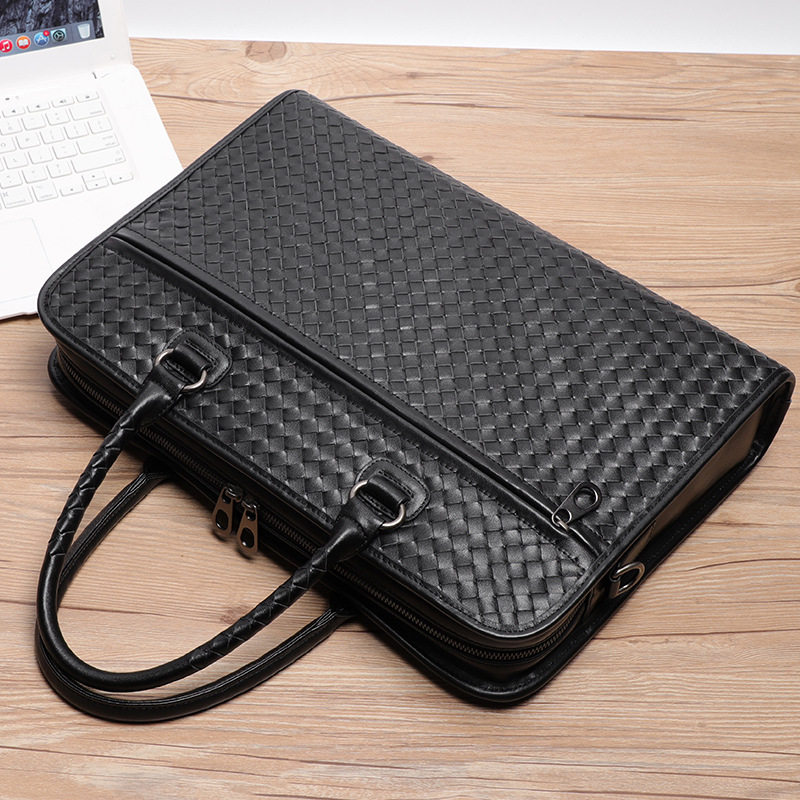Túi công sở nam da bò lớp đầu đan sọc, cặp da thật đựng laptop 15,6 inch dung lượng lớn 40×13×29 cm — Lớp lót nỉ cao cấp màu đen