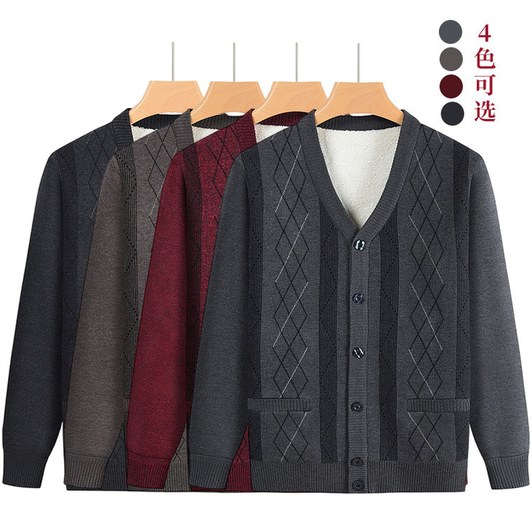 Otoño y invierno nuevo cardigan de manga larga de mediana edad con camiseta de calentamiento de terciopelo cardigan de negocios abrigo de invierno y invierno suéter de punto de hombre