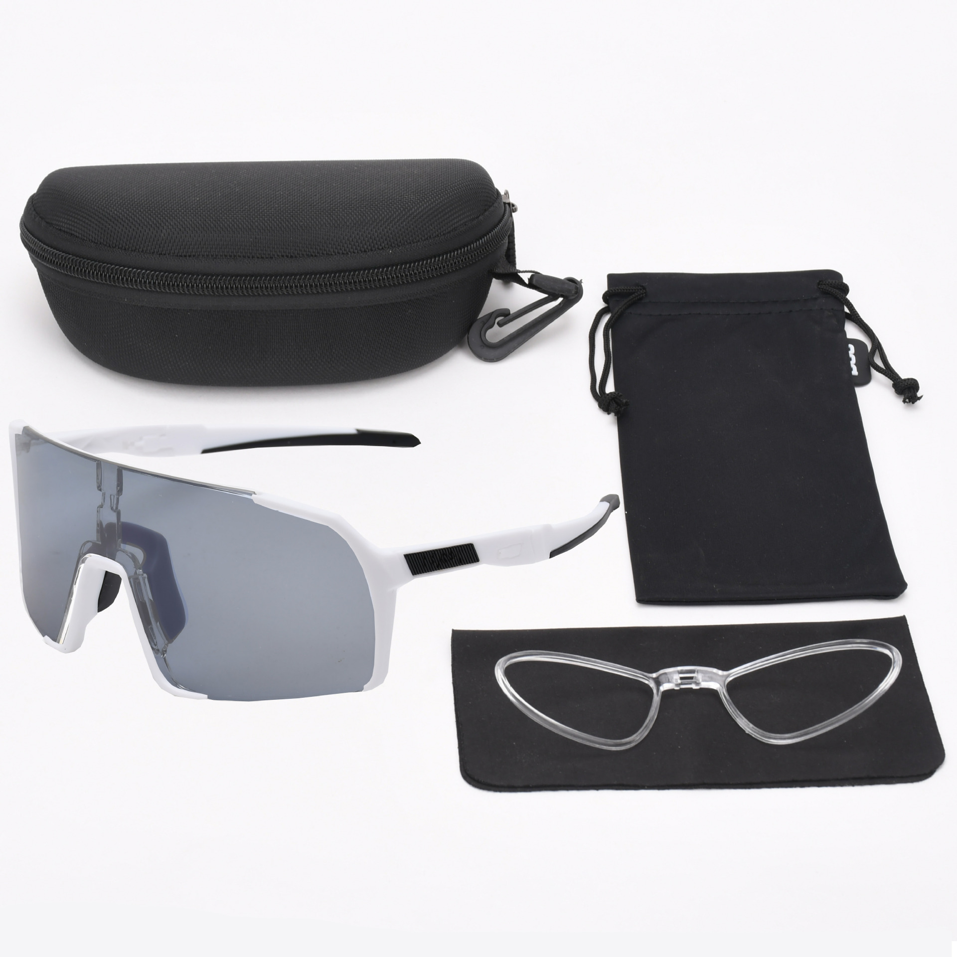 UY057 흰색 프레임, 검정색 다리 및 꼬리 투명 색상 변경 필름(단일 안경 + 렌즈 가방 + 근시 내부 링 + EVA 지퍼 상자)