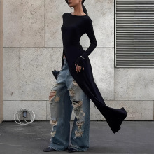 欧美跨境女装2025秋冬新款时尚街拍圆领长袖个性不规则连衣裙上衣