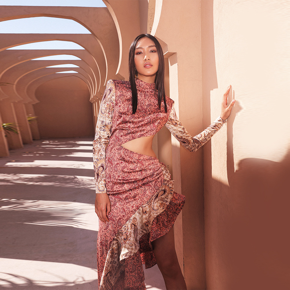 【特价清仓款】欧美女装性感开叉露腰长袖连衣裙气质荷叶边礼服裙