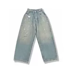 Vintage Splatter Paint Distressed Wide-Leg Jeans for Women - Loose Fit Casual Lounge Trousers