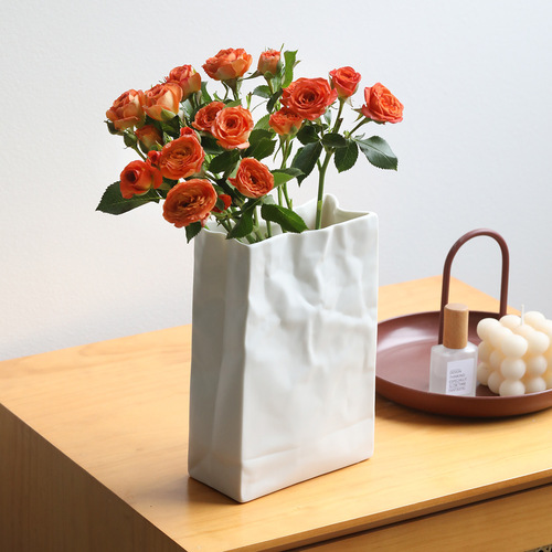 Wholesale Creative Paper Bag Ceramic Vase Ornament Minimalist Luxury White Flower Pot Ins Style Nordic Hydroponics High-end