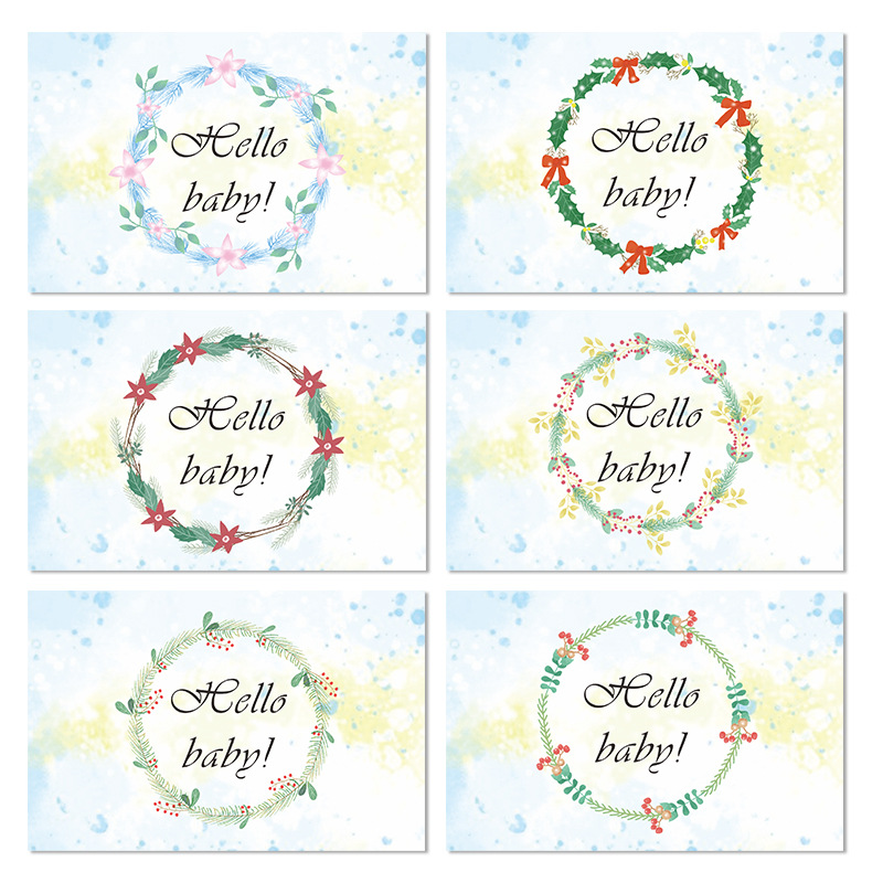 Baby Shower Birth Hello Baby Blessing Greeting Card Set with Fresh Green Plant Minimalist Christmas Wreath Series
