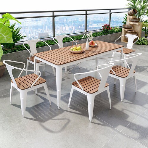 Outdoor WPC Table and Chairs, Courtyard Antic Wood Outdoor Leisure Dining Table, Garden Open Air Balcony Coffee Shop Table and Chairs Set