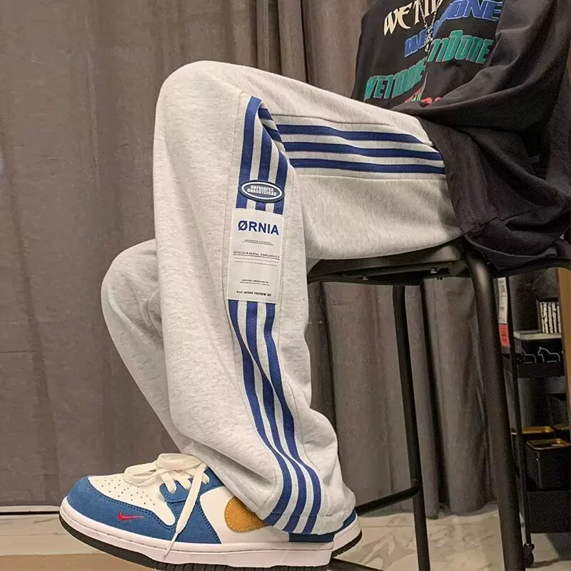 Модные Брендовые повседневные брюки в полоску, мужские на весну и осень, плотные прямые широкие брюки на флисовой подкладке, свободные спортивные брюки больших размеров в гонконгском стиле