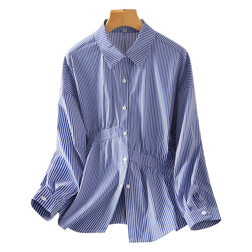 Directo de fábrica asimétrica plisada azul Camisa de rayas de manga larga de las mujeres otoño diseño sentido nicho superior algodón camisa blanca