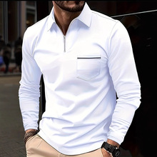 2025欧美秋季亚马逊POLO衫拉链口袋男士长袖运动马球衫休闲百搭